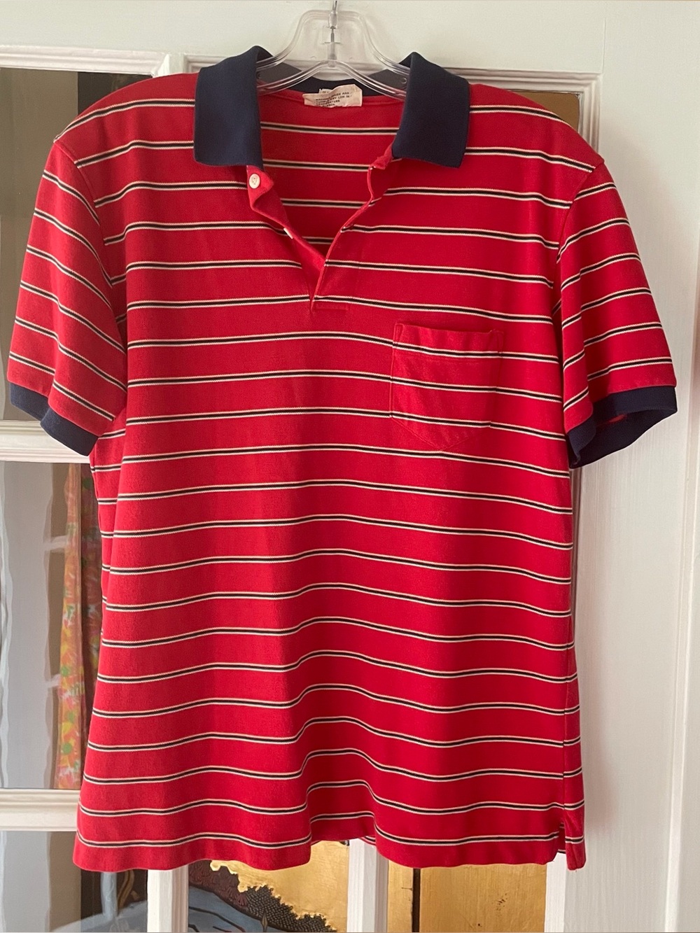 Vtg 70s Lord Jeff Scrubs Polo Shirt L Red Striped Pocket Contrast Collar Japan